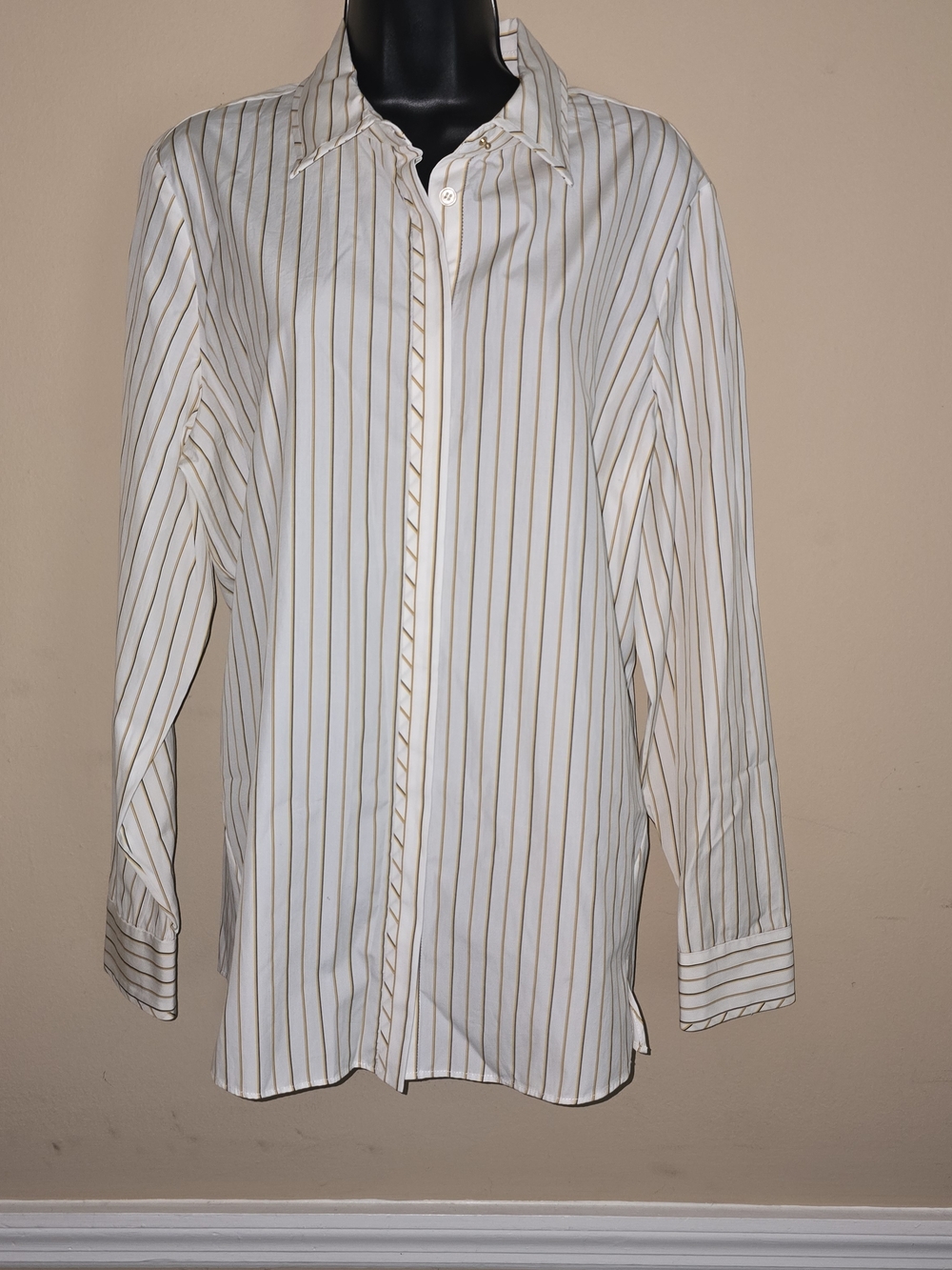 Per Se White Shirt Yellow and Black Stripes 100% Cotton  Plus Size 14 Casual